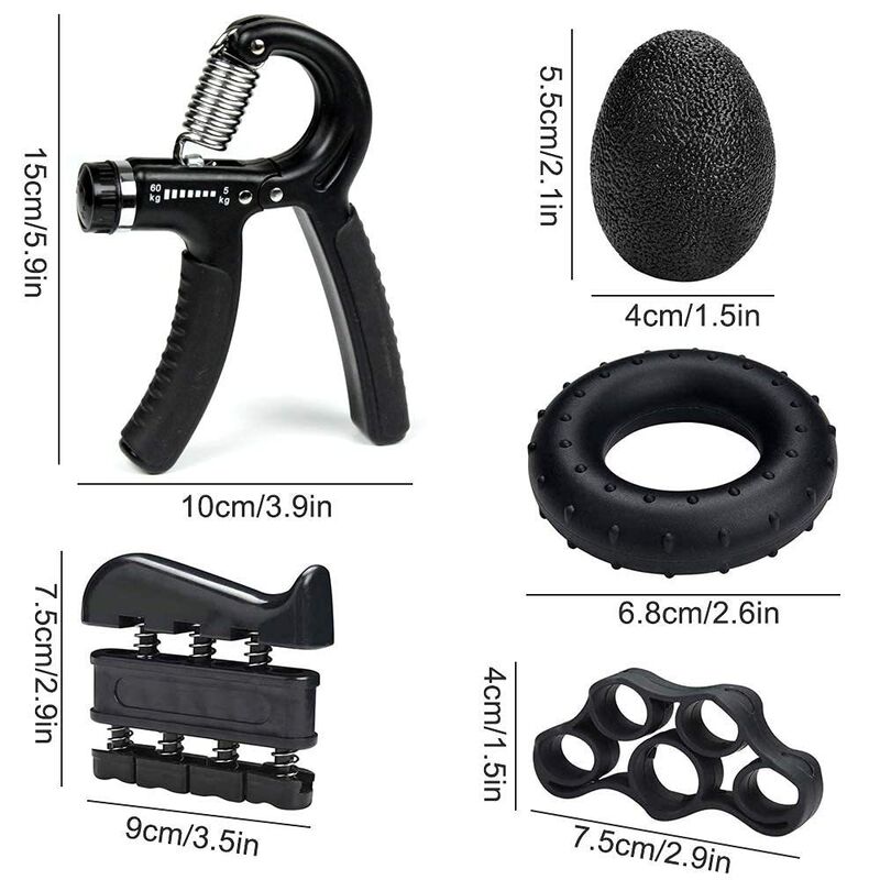 Kit di potenziamento della presa manuale, confezione da 5, nero, allenatore di presa regolabile, esercitatore per dita, anello per presa e palla antistress per l'allenamento di mani, polsi e avambracci