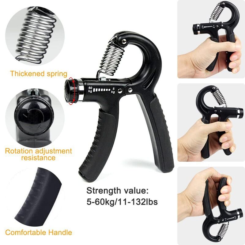 Kit di allenamento per la presa a mano a cinque pezzi nero Regolabile per la presa a mano Finger Stretcher Grip Ring And Stress Ball Per la forza e la flessibilità delle mani